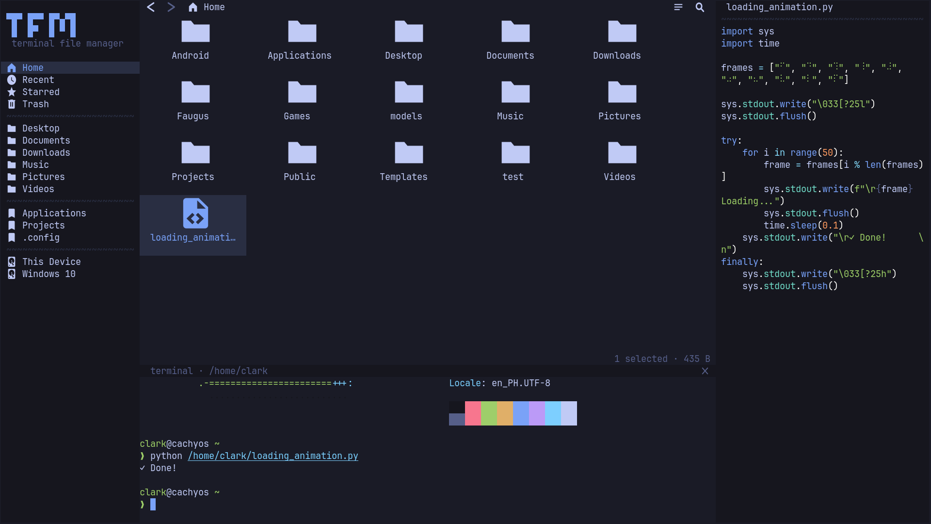 tfm browsing the home folder: places sidebar, grid of files, preview pane